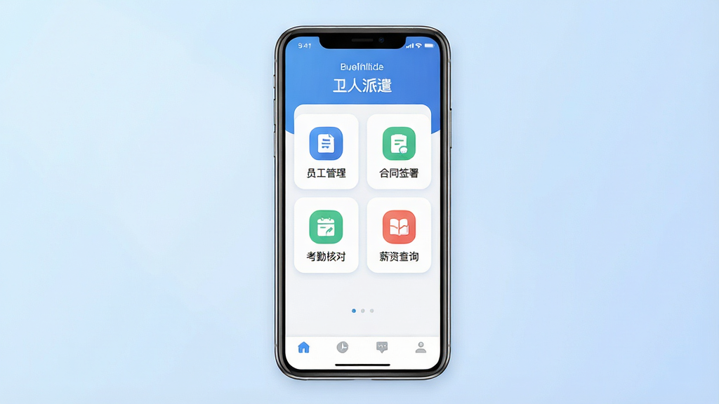主体为一部智能手机,屏幕中显示“卫人派遣”应用主界面,界面包含员工管理、合同签署、考勤核对、薪资查询四个功能模块图标;布局为手机居中放置,背景为浅蓝色渐变;排版简洁,图标横向排列;风格为扁平化科技商务风;细节包括界面顶部状态栏、底部导航栏、圆角卡片;画质高清,干净,无多余元素
