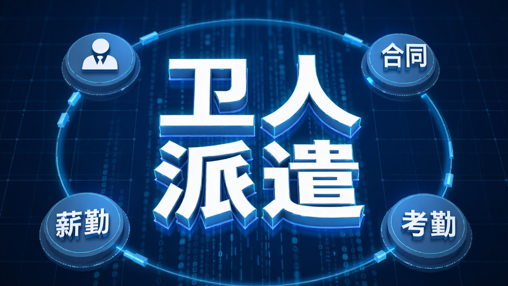 主体为“卫人派遣”四个白色立体字,悬浮在蓝色数据流背景之上;布局为文字居中,四周环绕入职、合同、考勤、薪资四个图标;排版采用圆形环绕式;风格为科技感商务风;细节包括文字边缘光效、图标微立体、背景有网格线条;画质高清,干净,无多余元素