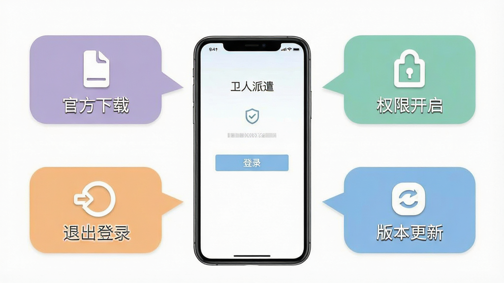 主体为“卫人派遣”新手操作指引图,画面中央为手机屏幕显示登录界面,四周分布四个提示气泡:官方下载、权限开启、退出登录、版本更新;布局为居中环绕式;排版清晰;风格为扁平化教程风;细节包括气泡箭头指向手机、图标简洁、颜色温和;画质高清,干净,无多余元素