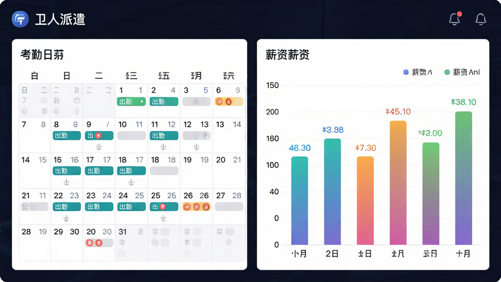 主体为“卫人派遣”应用中的考勤与薪资数据看板,左侧为考勤日历,右侧为薪资柱状图;布局为左右两栏;排版工整;风格为清爽数据可视化风;细节包括日历上的出勤标记、柱状图颜色渐变、数字清晰;画质高清,干净,无多余元素