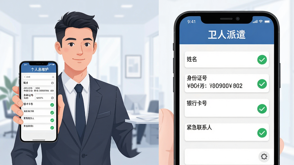 主体为一位职场人士手持手机,手机屏幕显示“卫人派遣”个人信息维护页面,页面包含姓名、身份证号、银行卡号、紧急联系人等字段;布局为人物半身像在左,手机界面放大展示在右;排版采用左右分栏;风格为现代商务插画风;细节包括人物着装整洁、界面字段清晰、有绿色对勾标识;画质高清,干净,无多余元素