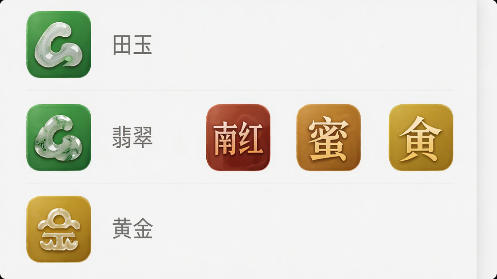 大家坛 安卓版 珠宝论坛版块列表 和田玉 翡翠 南红 蜜蜡 黄金 分类图标 简洁列表布局 浅色背景 高清画质 干净无多余元素