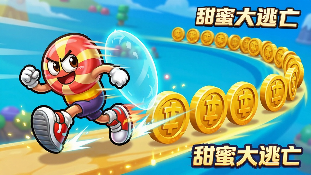 画面主体是糖果小人使用加速鞋冲刺穿过一排金币;布局为斜向动感构图;排版上主角位于画面左侧向右冲刺,金币呈弧线排列;风格为动感卡通;细节包括速度线、光效拖尾、护盾光圈;画质清晰干净,画面中带有“甜蜜大逃亡”字样。