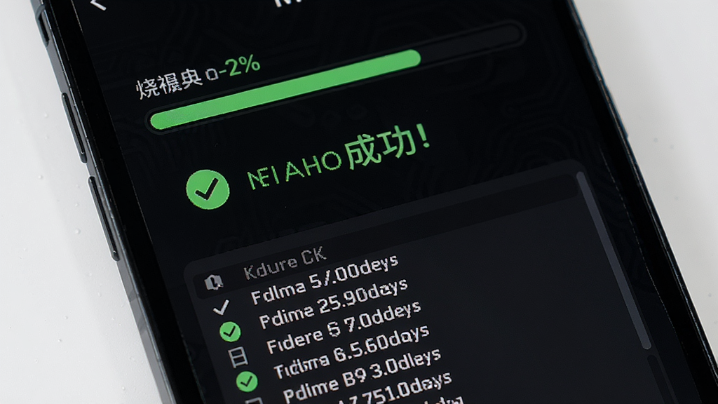 主体是手机屏幕特写显示烧录进度条与成功提示,布局为竖屏界面,排版为上方进度条下方日志窗口,风格为深色科技风,细节为绿色对勾图标和百分比数字,画质清晰干净无多余元素