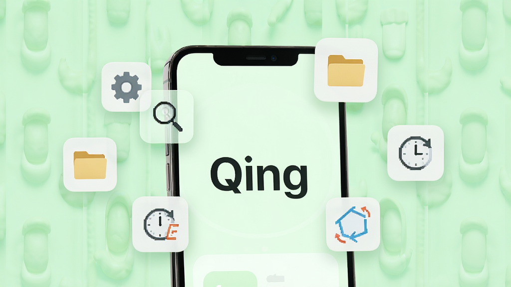 一张展示多功能集成的概念图,画面中一部手机屏幕显示“Qing”应用,屏幕周围漂浮着多个小图标,分别代表不同功能模块,如齿轮、放大镜、文件夹、时钟等。背景为浅绿色清新风格,画质干净,布局整洁,无多余元素。