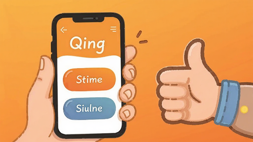 一张表现简单易用概念的插画,画面中一只手拿着手机,手机屏幕显示“Qing”应用界面,界面上的按钮大而清晰,旁边有一个竖起大拇指的图标。背景为暖橙色渐变,风格友好亲切,画质清晰,无多余元素。