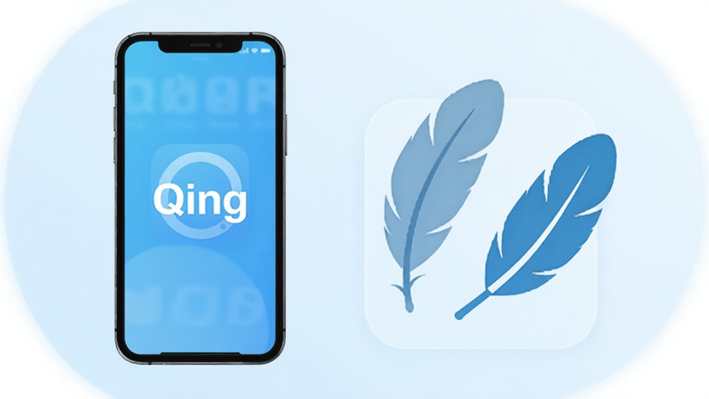 一张展示轻量应用概念的插画,画面左侧是一部手机,手机屏幕显示“Qing”应用界面,右侧是一个羽毛和一个羽毛形状的图标,象征轻盈。背景为淡蓝色渐变,风格简约清新,画质干净清晰,无多余元素。