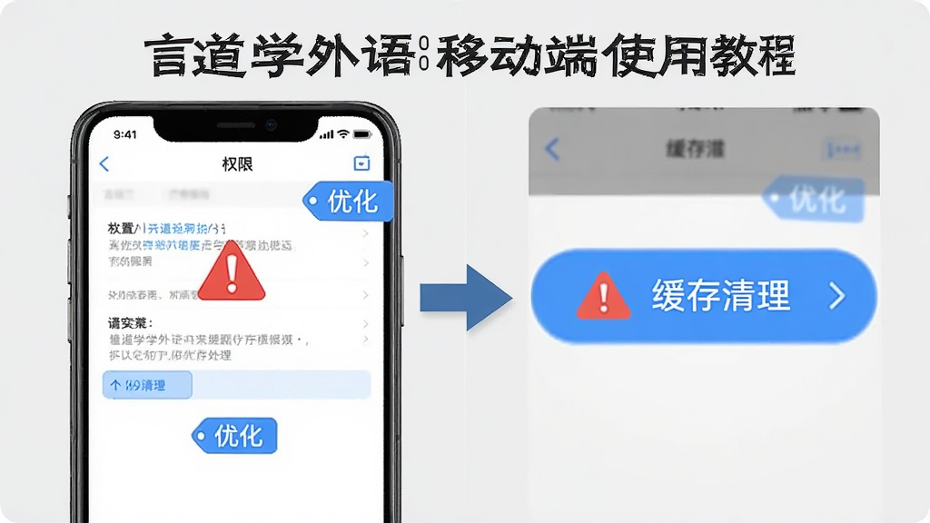 言道学外语移动端使用教程示意图,画面分为左右两部分,左侧为手机权限设置界面截图,右侧为软件内缓存清理按钮特写,中间用箭头连接,背景为浅灰色,风格教程说明类,细节包含红色警告图标和蓝色优化标签,画质高清,干净无多余元素