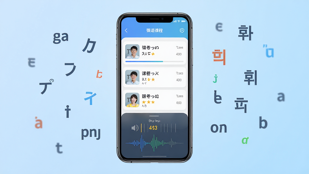 言道学外语软件主界面展示,画面中央放置一部智能手机,屏幕显示外语学习课程列表和跟读评分界面,背景为浅蓝色渐变,周围漂浮着英语、日语、韩语等字母符号,整体布局简洁清晰,风格现代科技感,细节包含进度条和发音波形图,画质高清,干净无多余元素