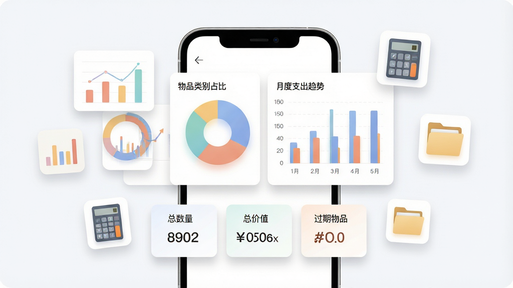 我的物品软件数据统计界面图,画面中央是一部手机,屏幕显示饼状图和柱状图,展示物品类别占比和月度支出趋势,图表下方有“总数量”“总价值”“过期物品”等数据卡片。手机周围漂浮着图表、计算器、文件夹等图标,表示数据分析与导出功能。布局采用居中构图,风格商务简约,细节上图表颜色柔和,数据卡片有轻微阴影,画质高清,干净,无多余元素。