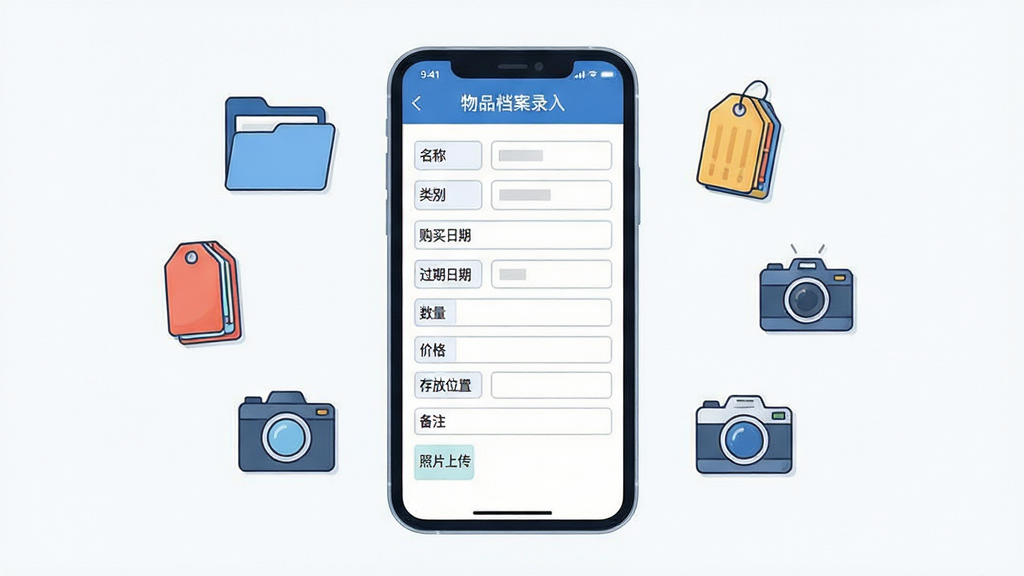 我的物品软件功能展示图,画面中央是一部手机,屏幕显示物品档案录入界面,表单中包含名称、类别、购买日期、过期日期、数量、价格、存放位置、备注、照片上传等字段,界面设计清爽,以蓝色和白色为主色调。手机周围漂浮着文件夹、标签、相机等图标,表示信息归档的概念。布局采用居中构图,风格扁平化插画,细节上表单字段排列整齐,图标线条简洁,画质高清,干净,无多余元素。