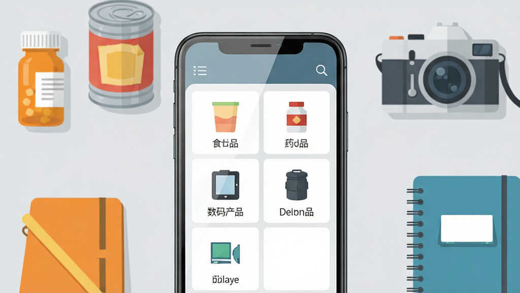 我的物品软件是一款个人物品管理应用,画面中央展示一部智能手机,手机屏幕上显示着物品列表界面,包含食品、药品、数码产品等分类图标,界面干净整洁。手机周围散落着一些日常物品,如药瓶、罐头、相机、笔记本等,以简洁的扁平化风格呈现。背景为浅灰色,布局采用居中构图,风格现代简约,细节上手机屏幕有轻微反光效果,物品图标清晰可辨,画质高清,干净,无多余元素。