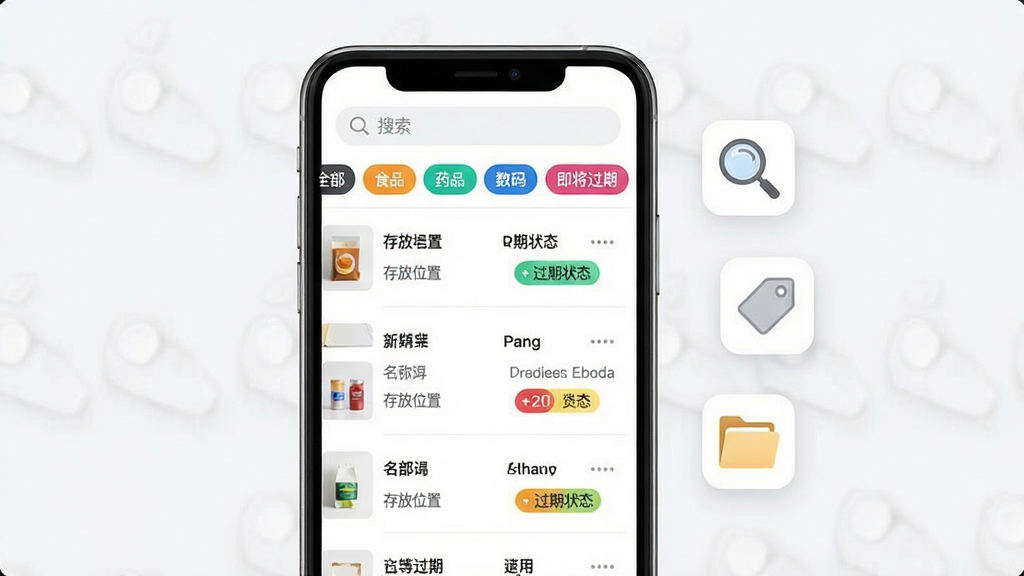 我的物品软件分类检索界面图,画面中央是一部手机,屏幕显示物品列表,顶部有搜索框和筛选标签,如“全部”“食品”“药品”“数码”“即将过期”等,列表项包含物品缩略图、名称、存放位置和过期状态标签。手机右侧漂浮着放大镜、标签、文件夹等图标,表示检索与分类功能。布局采用居中构图,风格现代简约,细节上筛选标签颜色区分明显,列表项排列整齐,画质高清,干净,无多余元素。