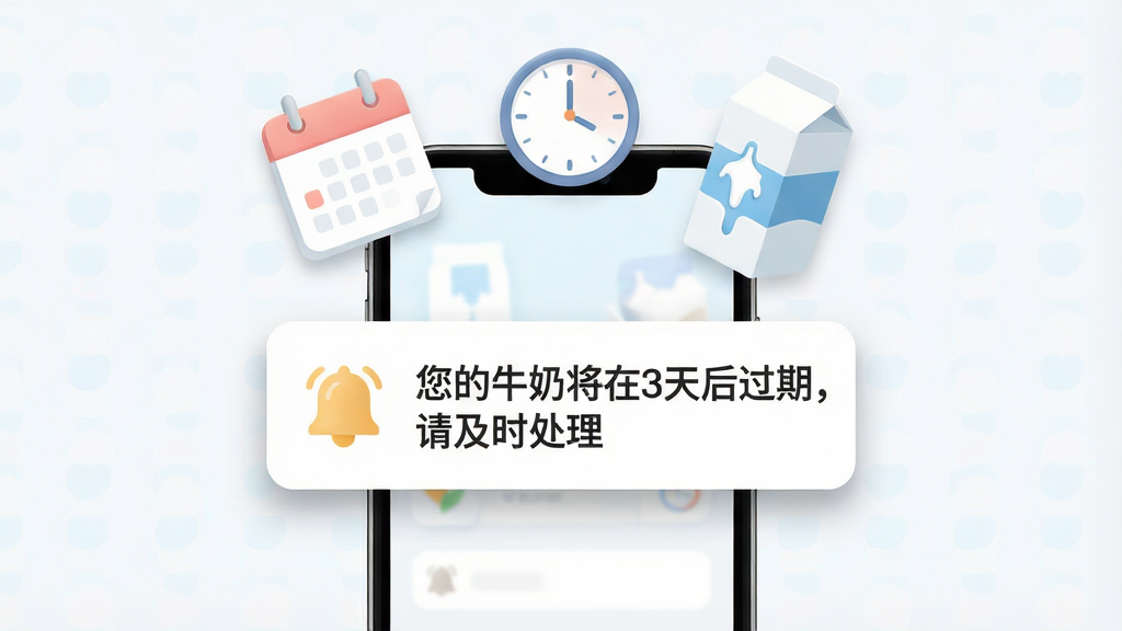 我的物品软件到期提醒功能示意图,画面中央是一部手机,屏幕显示一条推送通知,通知内容为“您的牛奶将在3天后过期,请及时处理”,通知卡片设计醒目,带有铃铛图标。手机上方漂浮着日历、时钟、牛奶盒等元素,表示时间与物品的关联。布局采用居中构图,风格清新明快,细节上通知卡片有轻微阴影效果,图标色彩柔和,画质高清,干净,无多余元素。