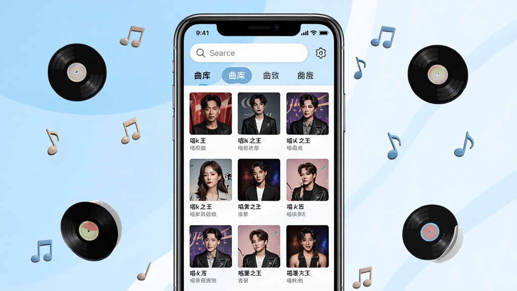 一张展示“唱k之王”海量曲库界面的图片,画面中央是手机屏幕显示歌曲列表,列表中有多种风格的歌曲封面和歌名,屏幕上方有搜索框和分类标签,背景是淡蓝色与白色相间的清新风格,周围有悬浮的音符和唱片图标,布局整齐,风格简洁明快,画质高清,干净,无多余元素