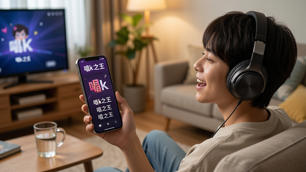 一张展示“唱k之王”新手使用场景的图片,画面中央是一个年轻人坐在沙发上戴着耳机对着手机唱歌,手机屏幕上显示“唱k之王”的歌词界面,旁边茶几上放着一杯水,背景是温馨的客厅环境,光线柔和,风格生活化,画质高清,干净,无多余元素