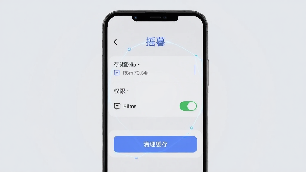 手机屏幕显示摇暮软件设置界面,界面中有存储路径选项、权限开关和清理缓存按钮,背景为浅灰色,风格简洁科技感,构图以手机居中,细节表现按钮图标与文字“摇暮”,画质清晰,干净无多余元素