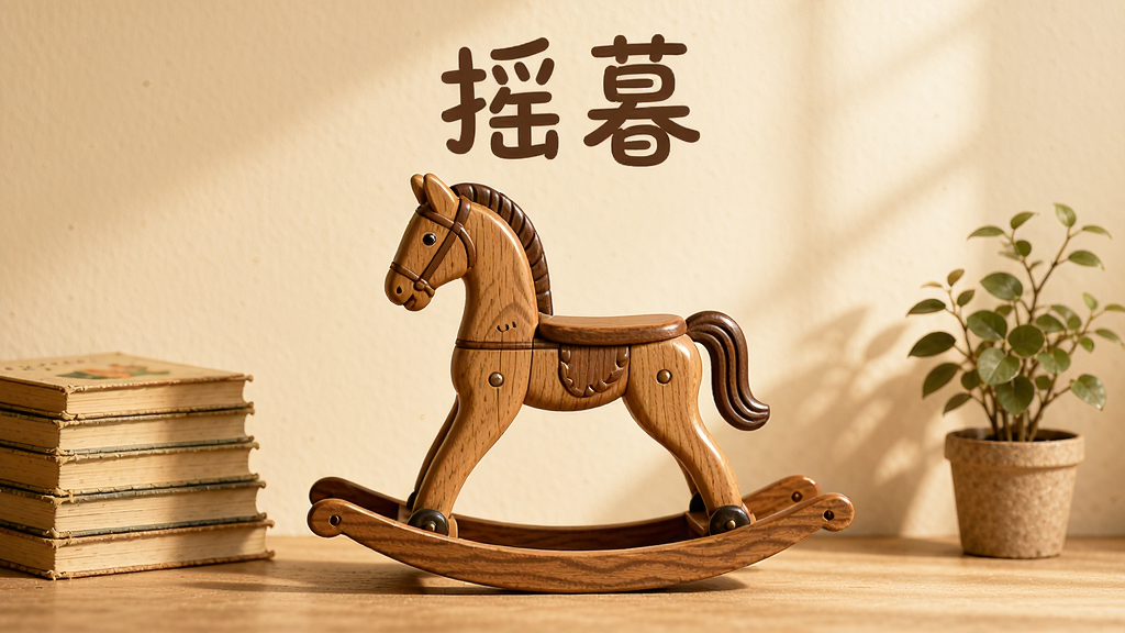 画面中央放置一只木质摇木马,背景是浅米色墙面与柔和暖光,左侧摆放一摞旧绘本,右侧有一盆小绿植,整体采用温馨怀旧风格,构图居中对称,细节表现木纹质感与柔和阴影,画质清晰干净,无多余元素,画面中文字“摇暮”位于顶部居中位置,字体为圆润手写体