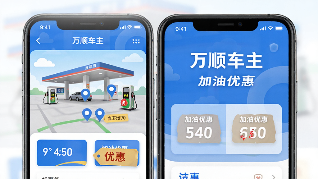 万顺车主加油充电优惠界面,手机屏幕显示加油站和充电桩地图标记,油价数字和优惠标签,界面中文字显示