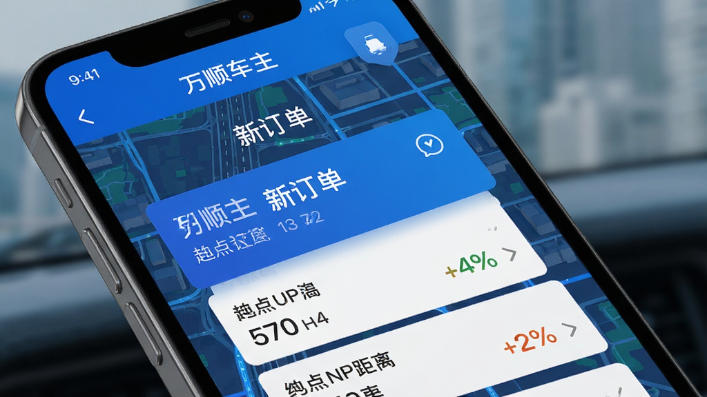 手机界面展示万顺车主智能订单推送功能,屏幕上弹出多个订单卡片,显示起点终点距离和金额,背景是城市道路地图,蓝色科技感风格,界面中文字显示