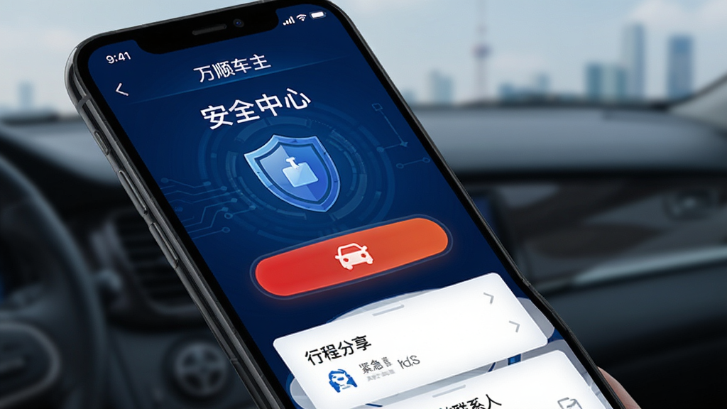 万顺车主安全保障功能展示,手机屏幕显示安全中心界面,盾牌图标和报警按钮,行程分享和紧急联系人模块,界面中文字显示