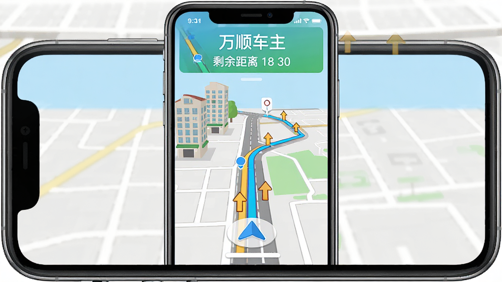 万顺车主导航界面展示,手机屏幕显示实时地图路线,蓝色导航箭头指示行驶方向,道路两侧有建筑物和路况颜色标识,界面顶部显示