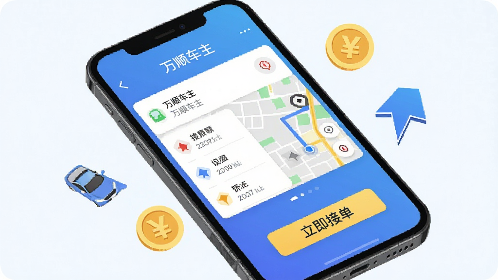 手机屏幕展示万顺车主软件主界面,蓝色渐变背景,界面中央显示订单列表和地图导航模块,周围环绕汽车、导航箭头、金币图标,扁平化设计风格,界面中文字显示