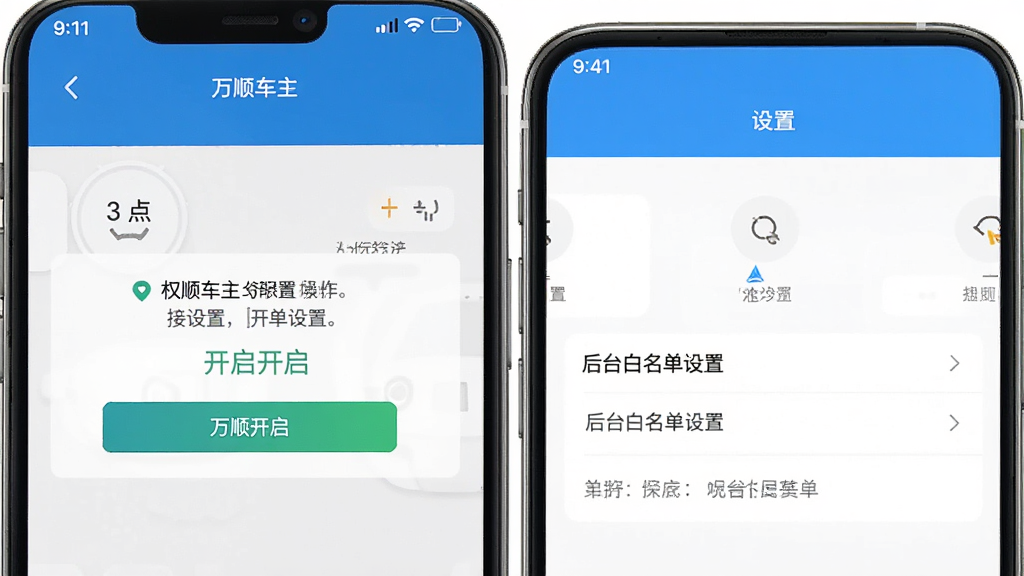 万顺车主手机端操作界面截图,展示接单设置和导航功能,手机屏幕上有权限开启提示和后台白名单设置界面,界面中文字显示