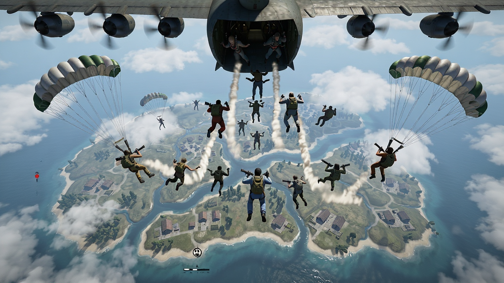 荒野射击战场百人跳伞空降场景,画面主体为多名角色从运输机跃下,下方是广阔的荒野岛屿地图,布局采用俯视广角,排版突出空降轨迹与地图轮廓,风格为写实游戏宣传海报,细节包含降落伞、云层、河流与散布的房屋,画质高清,干净,无多余元素