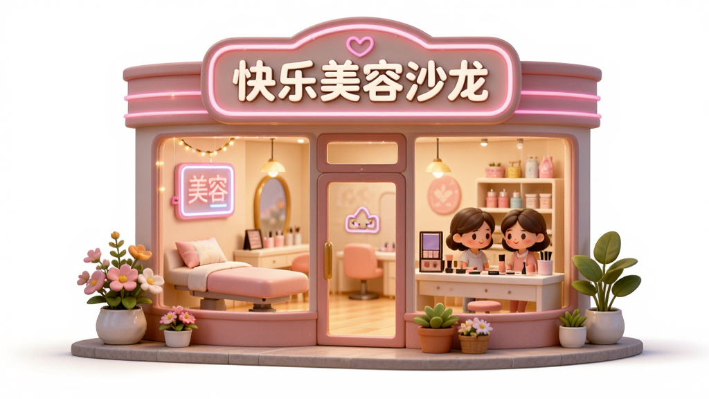 画面中央是一家温馨明亮的美容沙龙店面,招牌上写着“快乐美容沙龙”,门口摆放着鲜花和绿植,店内透过玻璃窗可以看到美容床、化妆台和微笑的顾客,整体布局为主图居中、上下留白,风格为卡通可爱3D渲染,细节包括粉色调装潢、闪烁的霓虹灯、柔和的暖光,画质高清,干净,无多余元素