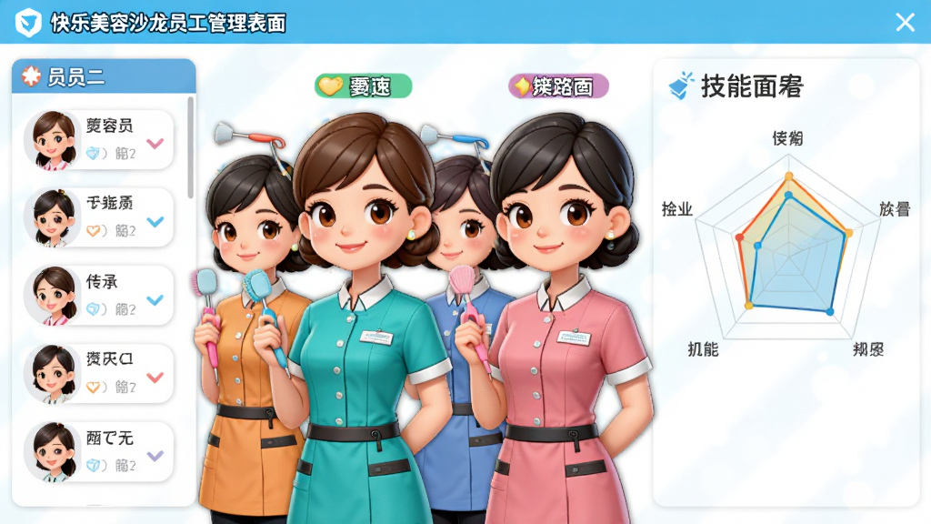 快乐美容沙龙员工管理界面,主体是几位穿着统一制服的美容师站成一排,布局为左侧是员工列表右侧是技能雷达图,排版上每个员工头顶显示名字和等级,风格为日系卡通,细节包括微笑的表情、不同颜色的制服、手中的美容工具,画质高清,干净,无多余元素