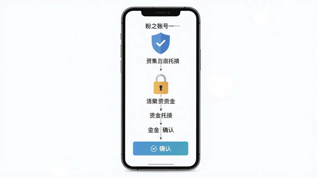 盼之账号账号交易担保流程图,主体为手机屏幕内展示资金托管与交接确认界面,布局为纵向步骤式排版,风格为扁平化商务插画,细节包含盾牌图标、资金锁图标、确认按钮,画质清晰,干净,无多余元素