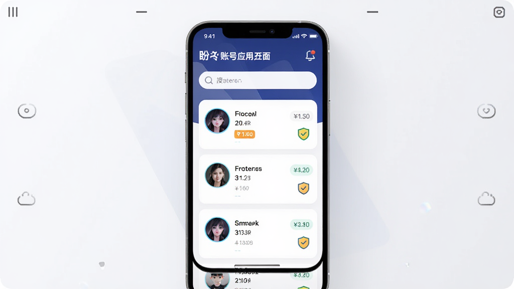 盼之账号应用主界面展示,主体为一部智能手机,屏幕上显示游戏账号交易列表与搜索栏,布局居中,排版简洁清晰,风格为现代科技感UI设计,细节包括账号头像、价格标签、安全认证图标,画质高清,干净,无多余元素