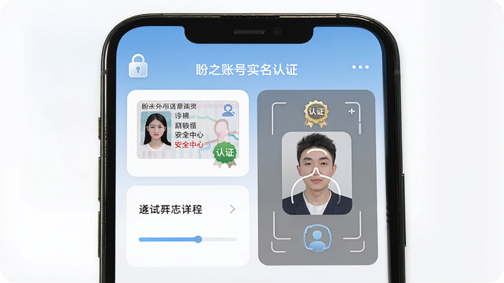盼之账号实名认证与安全中心界面,主体为手机屏幕展示身份证上传与人脸识别步骤,布局为卡片式上下排列,风格为简洁安全类APP界面,细节包含锁形图标、认证徽章、进度条,画质高清,干净,无多余元素