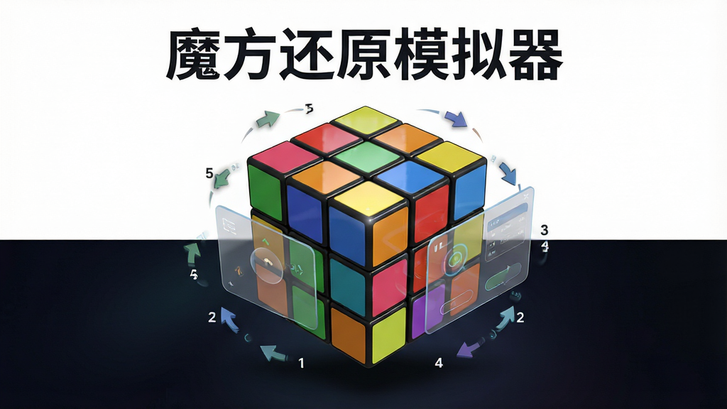 软件核心全貌,主体是一个悬浮的三维魔方模型,六个面颜色鲜明,魔方周围环绕着细小的旋转箭头与步骤数字,布局采用居中构图,上方留白放置“魔方还原模拟器”白色标题,下方为深色渐变背景,风格为现代科技感与教育工具风,细节包括魔方表面的高光反射、柔和阴影、半透明操作面板,画质为高清渲染,干净无多余元素
