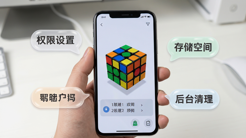 新手使用魔方还原模拟器的场景,主体为一只手拿着手机,手机屏幕上显示三维魔方与步骤提示,手机周围有浅色气泡标注“权限设置”“存储空间”“后台清理”等关键词,布局为居中构图,背景为简洁的桌面环境,风格为生活化科技风,细节包括手机屏幕的高光、气泡的圆角与半透明效果、手指的自然姿态,画质高清,干净无多余元素