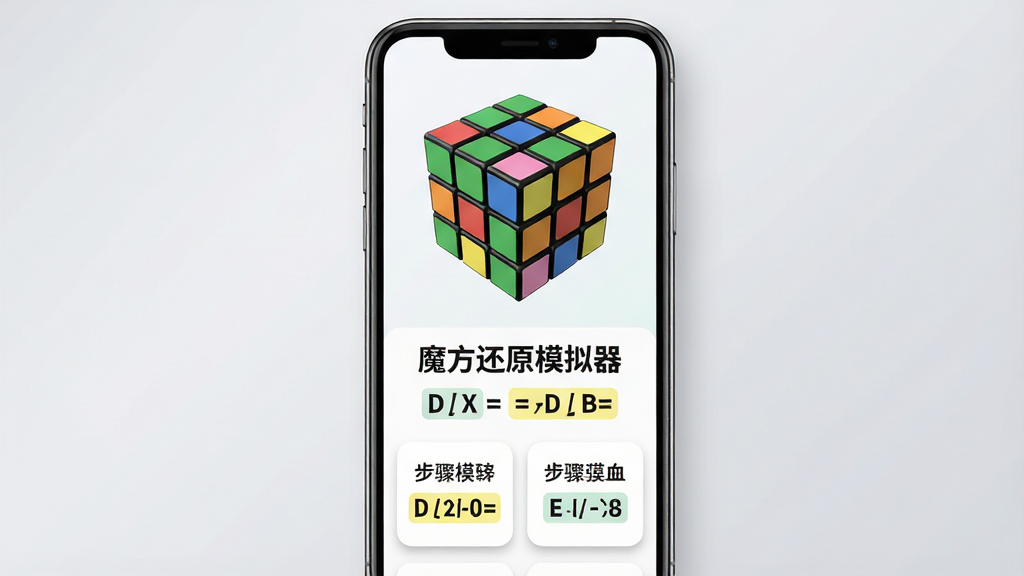 分步教学界面,主体为手机屏幕竖版布局,屏幕中央为三维魔方,下方为文字说明区域,文字包含“魔方还原模拟器”与公式符号,布局为上下结构,上方为魔方预览,下方为步骤卡片,风格为清新浅色教育风,细节包括卡片圆角、柔和投影、公式文字加粗高亮、背景为浅灰渐变,画质高清,干净无多余元素