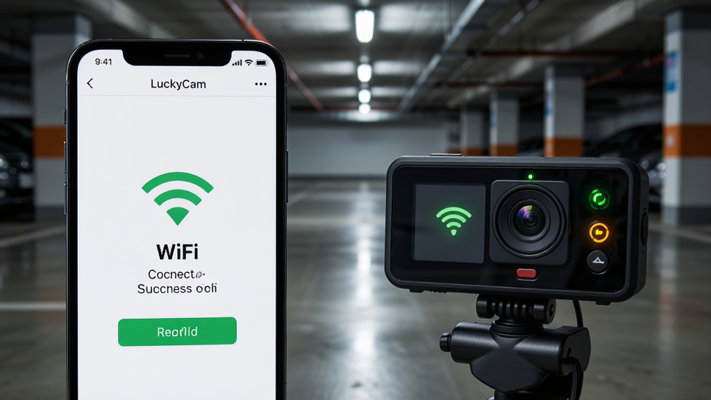 手机屏幕显示LuckyCam应用的WiFi连接成功界面,手机旁边有一个行车记录仪正在闪烁WiFi指示灯,背景是地下车库环境,布局采用前后景深构图,风格为科技写实风,细节包括手机屏幕WiFi图标、记录仪指示灯亮起、车库地面反光,画质高清,干净,无多余元素。