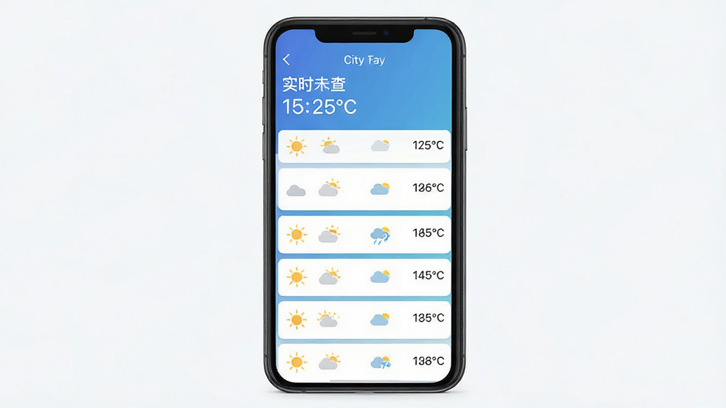 一张手机屏幕展示天气应用主界面的图片,主体是15日天气查应用界面,布局为居中显示手机正面,屏幕内呈现未来十五天天气趋势列表,顶部显示当前城市名称和实时温度,下方是逐日天气图标与温度区间,排版清晰整齐,风格为现代简约扁平化设计,细节包括蓝色渐变背景、白色卡片式布局、彩色天气图标,画质高清干净无多余元素