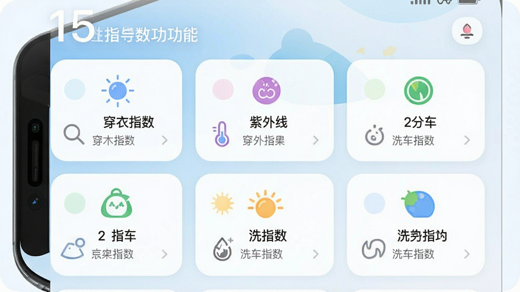 一张展示15日天气查生活指数功能的界面截图风格图片,主体是手机屏幕显示穿衣指数、紫外线、洗车指数等图标卡片,布局为网格状排列,排版整齐,风格为清新浅色系UI设计,细节包括圆角卡片、彩色小图标、简洁文字说明,画质高清干净无多余元素