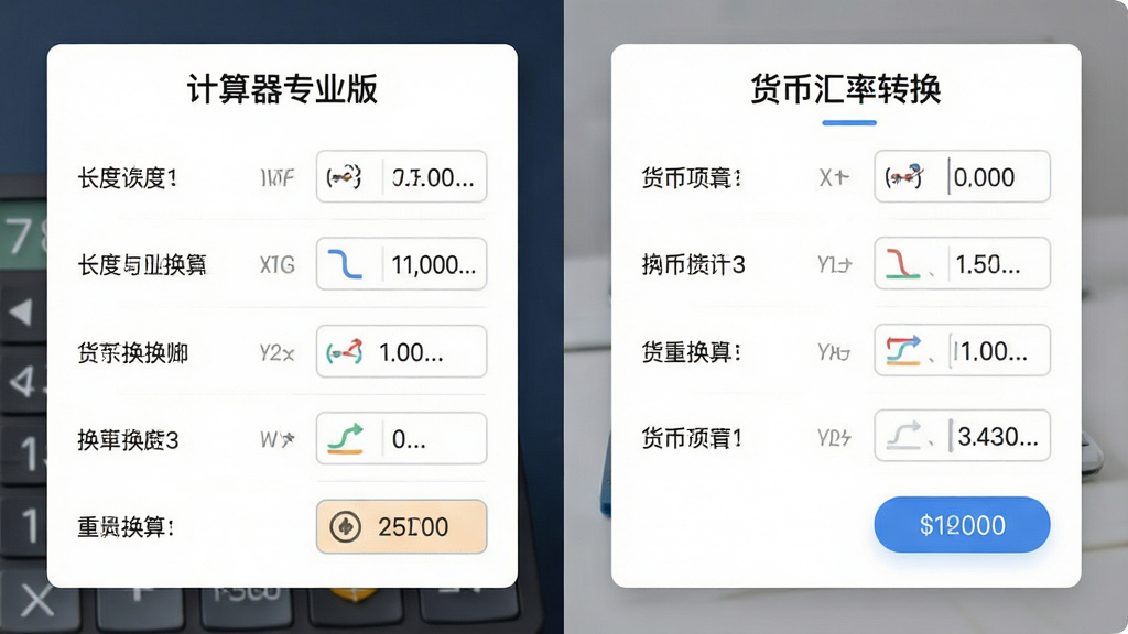 一张分屏展示的单位换算界面,左侧为