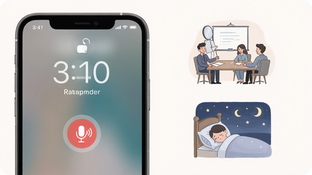 语音备忘录记事软件后台录音功能示意图,画面展示手机锁屏界面与后台运行的录音小图标,旁边有会议场景和睡眠场景的简笔插画,布局清晰,风格柔和,细节精致,画质干净,无多余元素