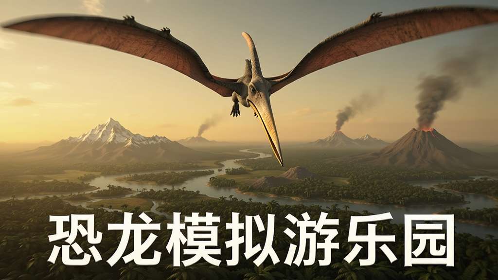 一只翼龙在黄昏时分的天空中飞翔,俯瞰下方广阔的史前大陆,可以看到河流蜿蜒穿过丛林,远处有雪山和火山。画面采用俯视视角,翼龙的翅膀展开占据画面上半部分,下方用白色文字标注