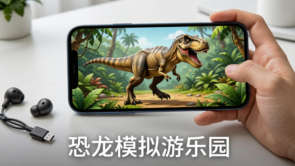 一部智能手机横向握持,屏幕上显示恐龙模拟游乐园的游戏画面,画面中一只霸王龙正在丛林中奔跑,手机旁边放着耳机和充电线,背景为简洁的桌面。画面下方用白色文字标注