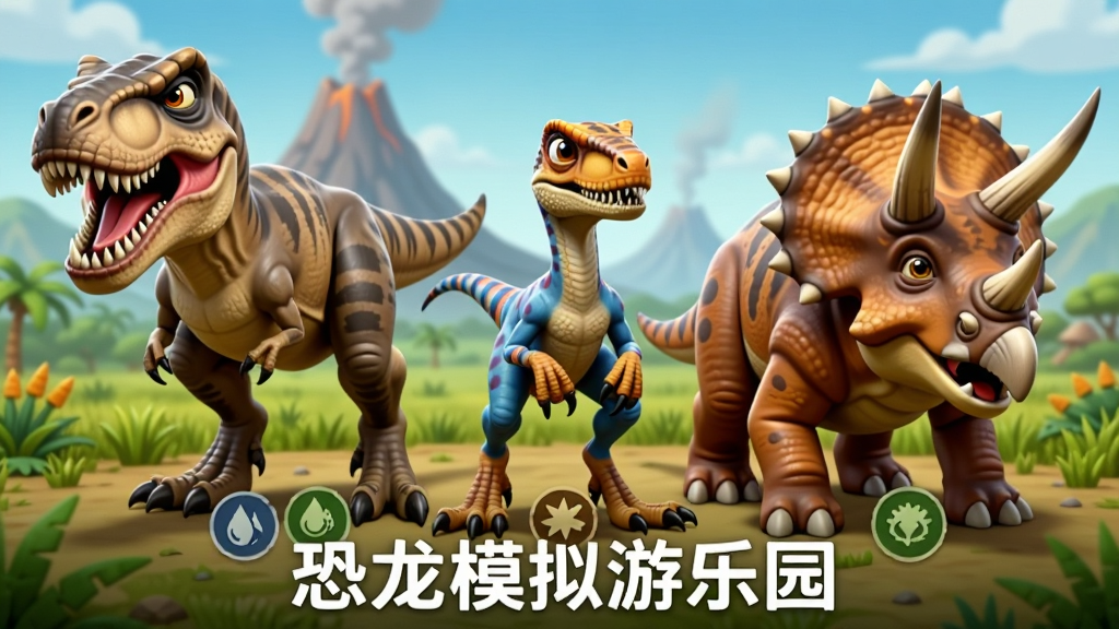 画面中展示三只不同种类的恐龙并排站立,左侧是一只凶猛的霸王龙,中间是一只敏捷的迅猛龙,右侧是一只头部长有尖角的三角龙。背景为史前草原与远处的火山,三只恐龙脚下有各自的属性图标,画面下方用白色文字标注