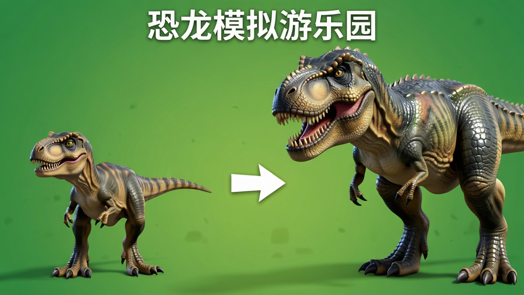 一只恐龙从幼年期到成年期的进化过程图,画面分为左右两部分,左侧是一只体型较小的幼年霸王龙,右侧是一只体型巨大、鳞片发亮的成年霸王龙,中间用箭头连接。背景为简单的渐变绿色,画面顶部用白色文字标注