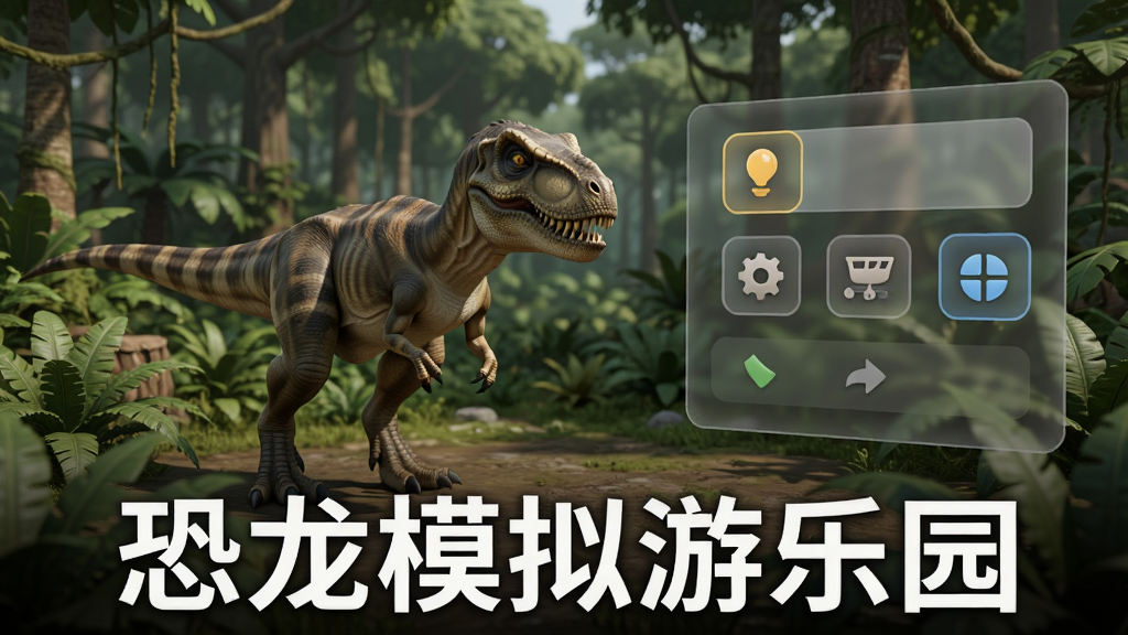 一只恐龙站在丛林空地上,画面右侧悬浮着一个半透明的游戏菜单面板,面板上有几个图标按钮,背景为史前森林。画面下方用白色文字标注