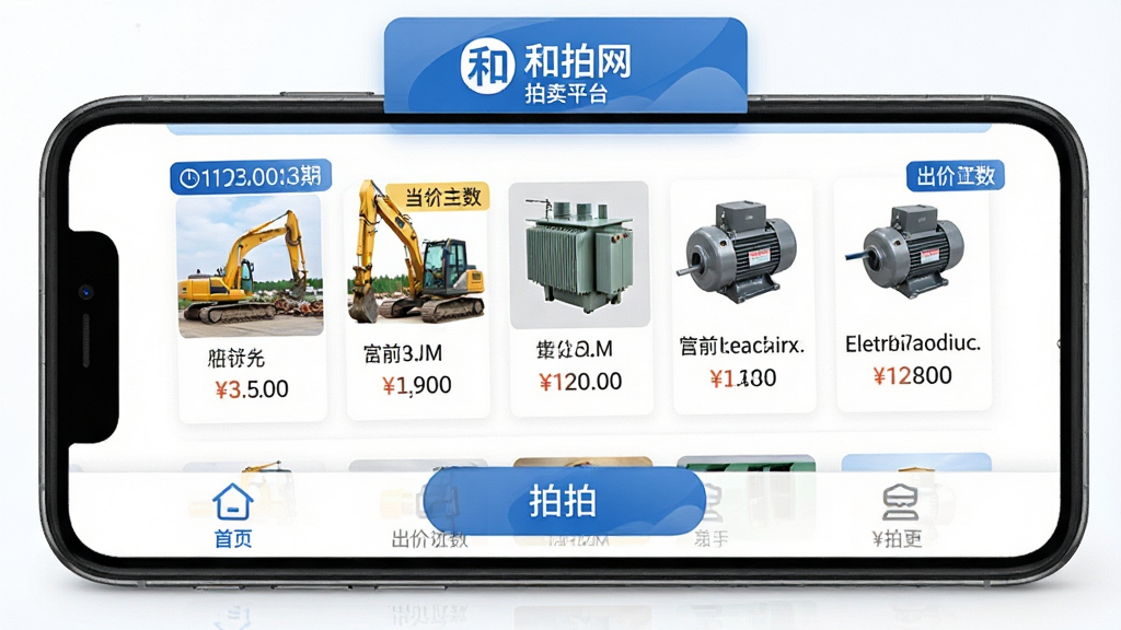 手机屏幕展示和拍网APP主界面,页面顶部显示和拍网拍卖平台标识,中部为工业设备拍卖列表,包含挖掘机、变压器、电动机等闲置设备缩略图与当前竞拍价格,底部为竞拍按钮和导航栏,整体采用蓝白商务配色,布局清晰,风格简洁专业,细节包括拍卖倒计时标签和出价次数显示,画质高清,干净无多余元素