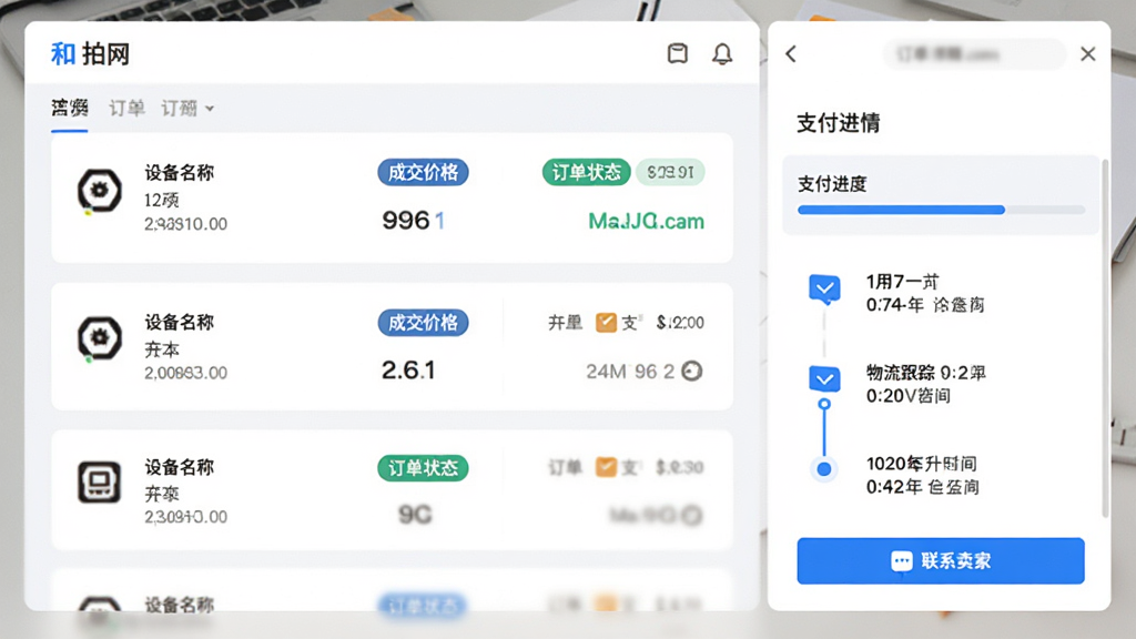 和拍网APP订单管理界面,画面展示订单列表与订单详情,订单卡片包含设备名称、成交价格、订单状态标签,详情页显示支付进度条、物流跟踪时间轴和联系卖家按钮,界面采用浅色背景与蓝色强调色,图标清晰,排版整齐,画质高清,干净无多余元素