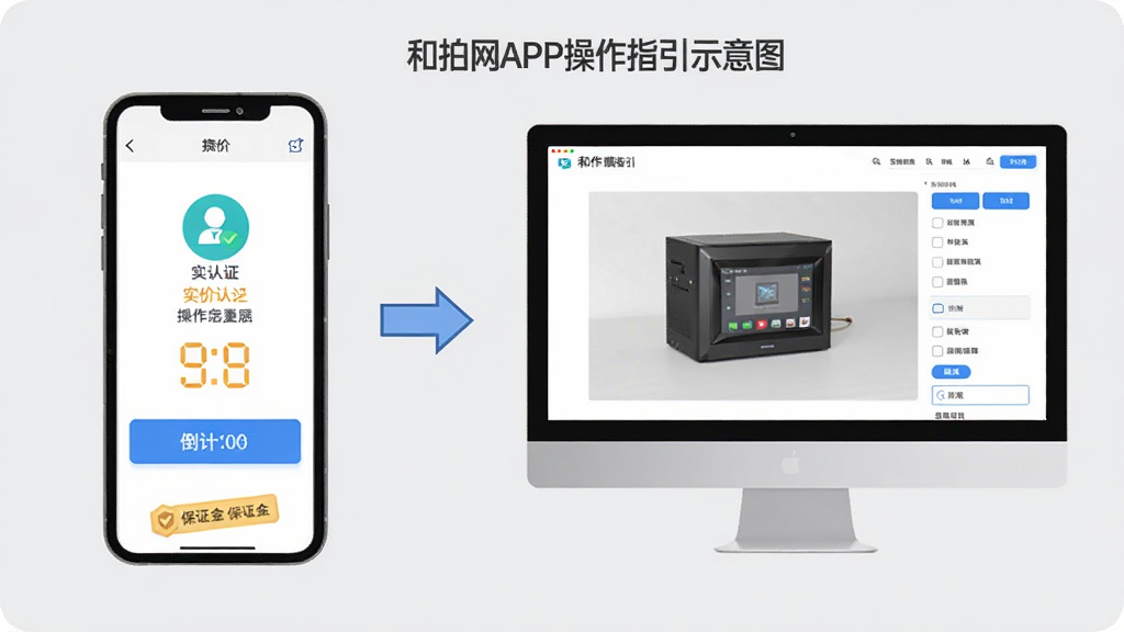 和拍网APP操作指引示意图,画面左侧为手机界面展示出价按钮与倒计时,右侧为电脑网页版展示设备大图和筛选栏,中间用箭头连接表示双端配合使用,背景为浅灰色,风格简洁扁平化,细节包括实名认证图标和保证金标签,画质高清,干净无多余元素